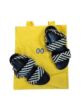 Charlotte Stone Chad Woven Slingback Raffia Sandals in‎ Black Oat Cream Size 10